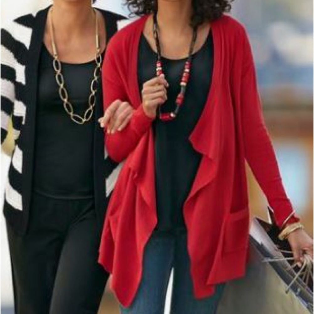 Chico’s Knit Draped Millie Cardigan Scarlet Sun Red Long Pockets Sz 2 L NWT